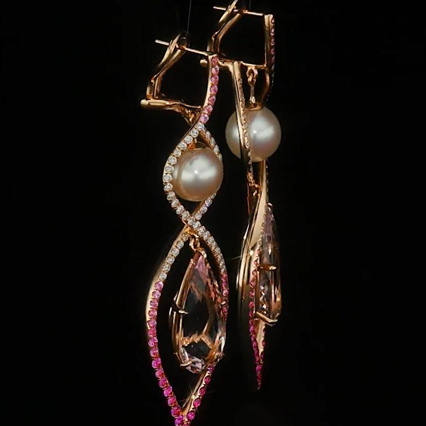 Contemporary Akoya Pearl, Morganite, Pink Sapphire and Diamond 18k Rose Gold Dangle Earrings For Sale