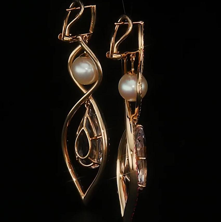 Pear Cut Akoya Pearl, Morganite, Pink Sapphire and Diamond 18k Rose Gold Dangle Earrings For Sale