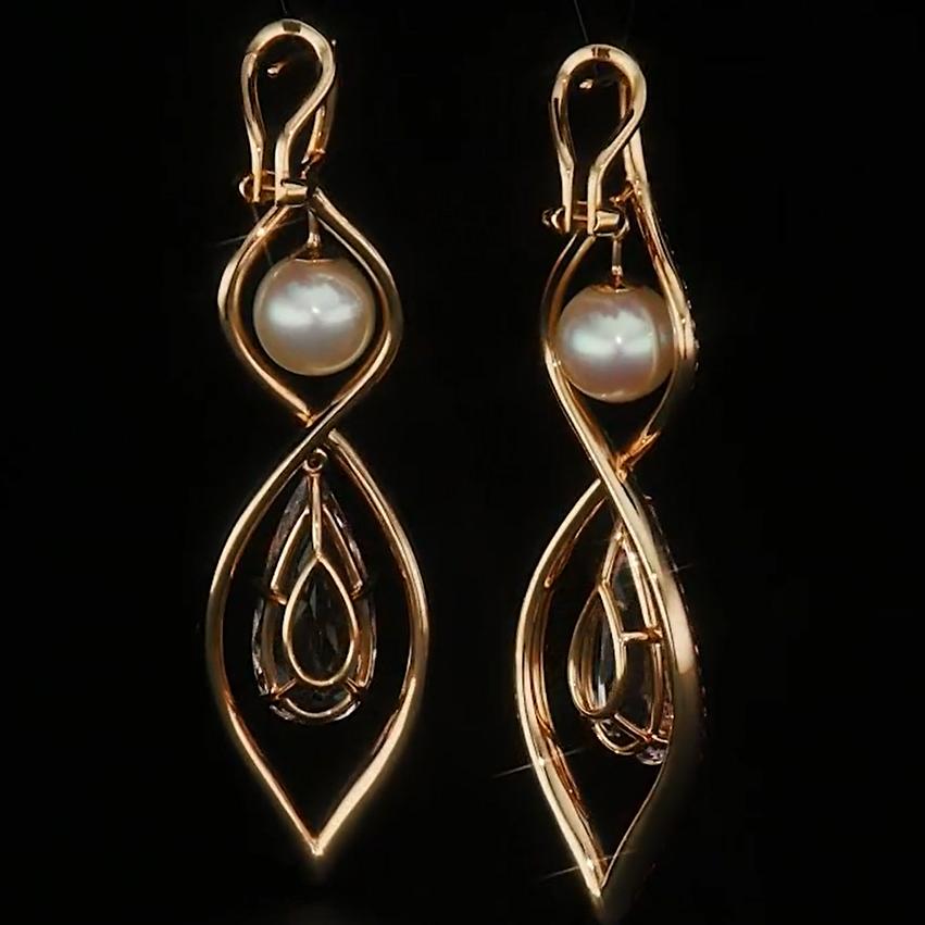 Akoya Pearl, Morganite, Pink Sapphire and Diamond 18k Rose Gold Dangle Earrings In New Condition For Sale In Princeton, NJ