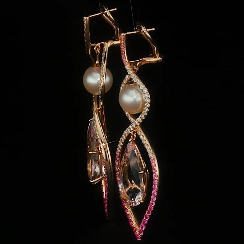 Women's Akoya Pearl, Morganite, Pink Sapphire and Diamond 18k Rose Gold Dangle Earrings For Sale