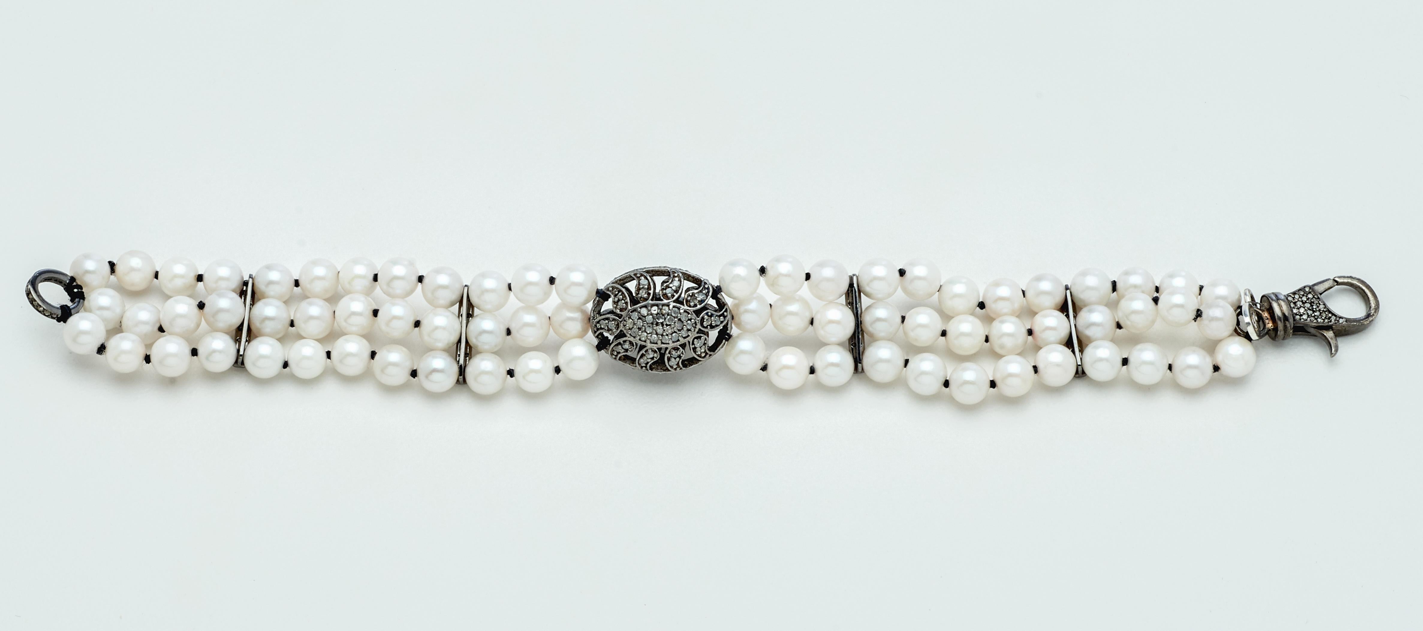 Artisan Akoya Pearl Multi-Strand Bracelet w Sterling Silver and Diamond Puff Charm