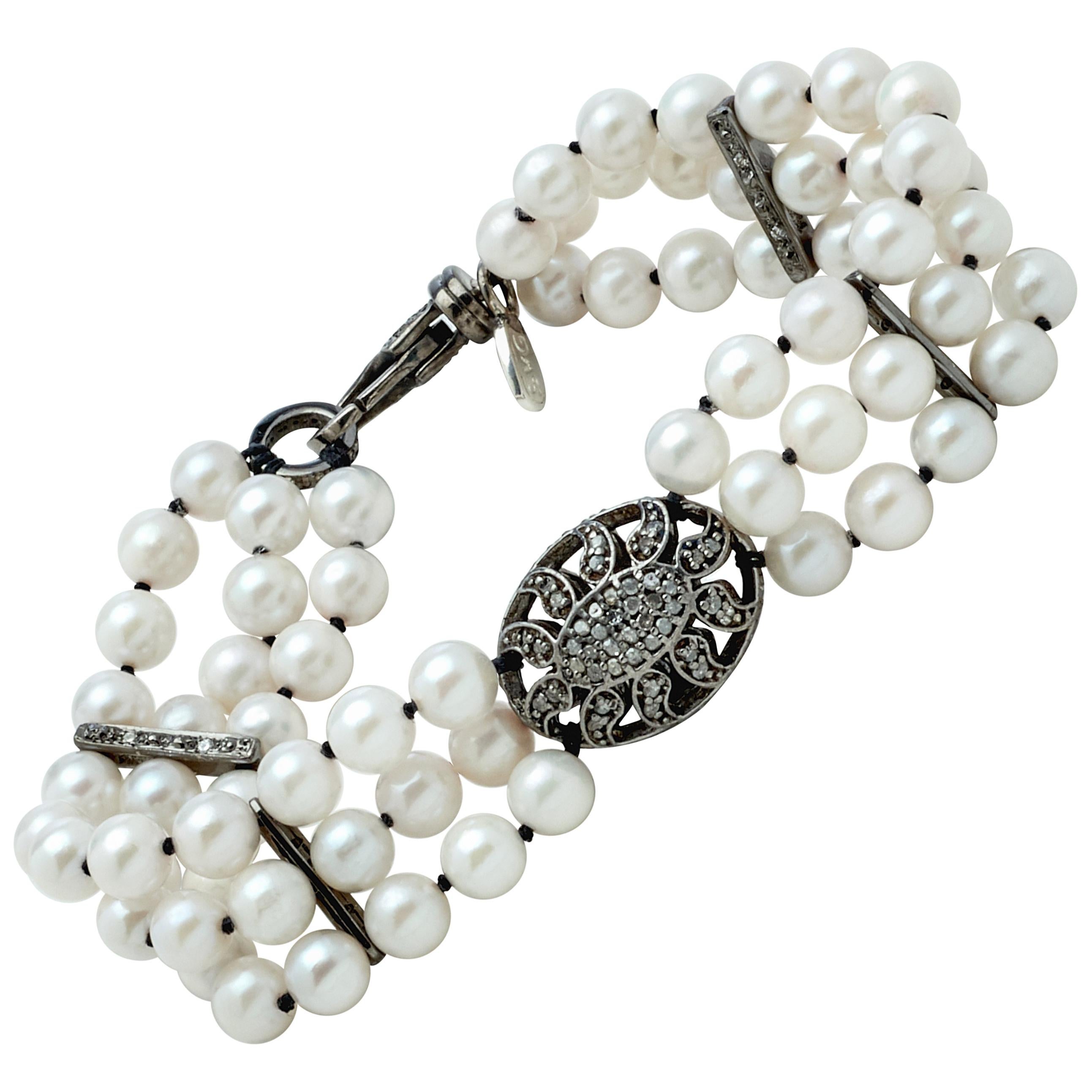 Akoya Pearl Multi-Strand Bracelet w Sterling Silver and Diamond Puff Charm