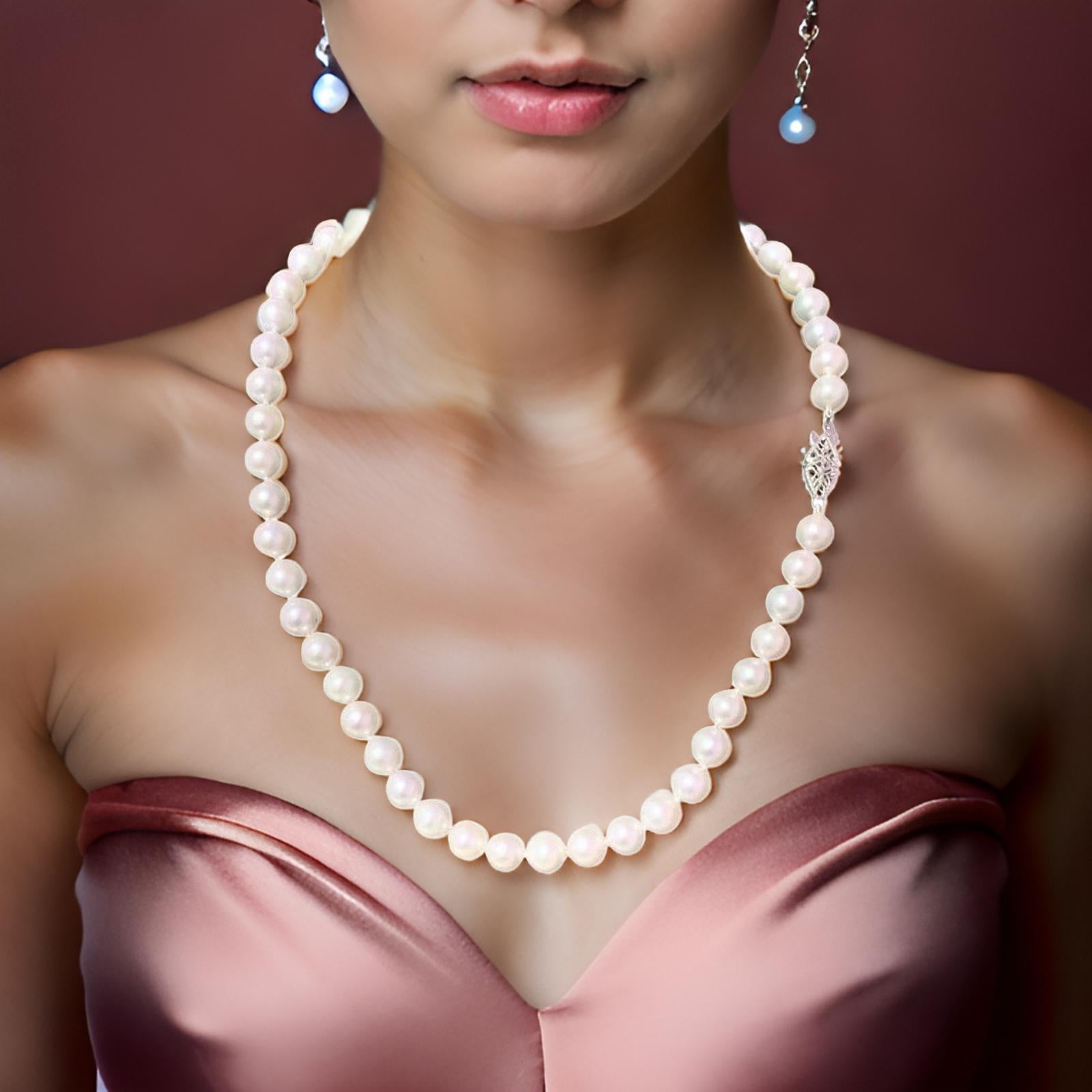 Fine Quality 7.5 mm Japanese Akoya Pearl Strand Necklace with a 14k White Gold clasp and a length of 16