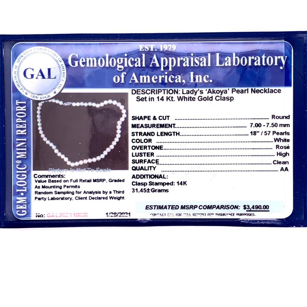 Collier de perles Akoya en or blanc 14 carats certifié 7,5 mm en vente 1