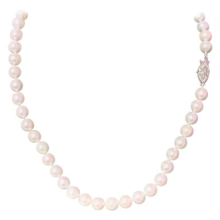 Collier de perles Akoya en or blanc 14 carats certifié 7,5 mm en vente