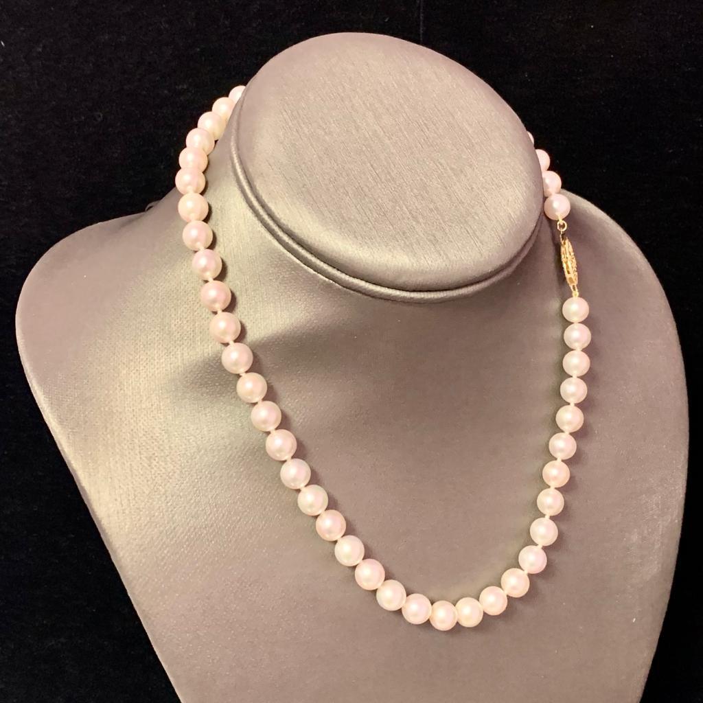 Akoya Pearl Necklace 14 Karat Yellow Gold 7.5 mm Certified In New Condition For Sale In Brooklyn, NY