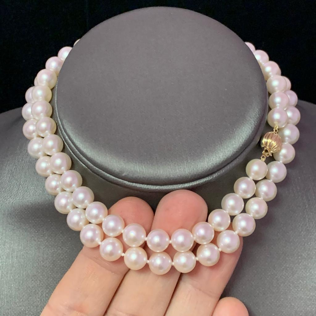 Women's Akoya Pearl Necklace 14 Karat Yellow Gold Certified For Sale