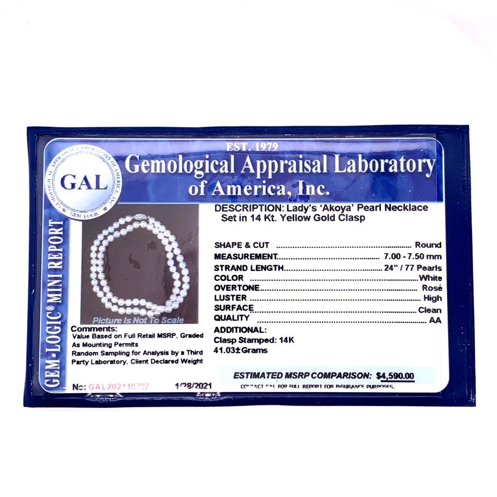 Collier de perles Akoya en or jaune 14 carats certifié 7,5 mm en vente 1