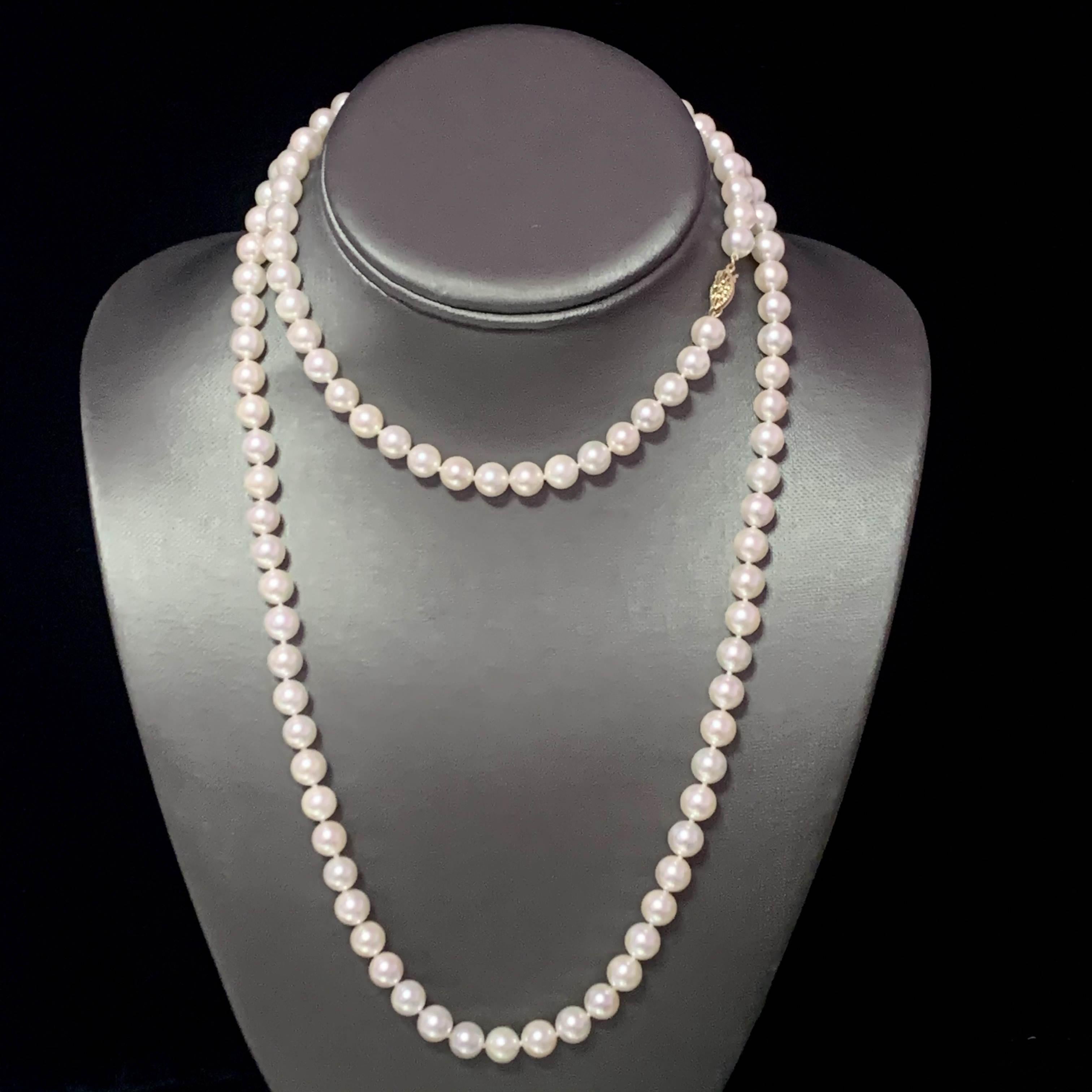 Round Cut Akoya Pearl Necklace 14k Gold 34