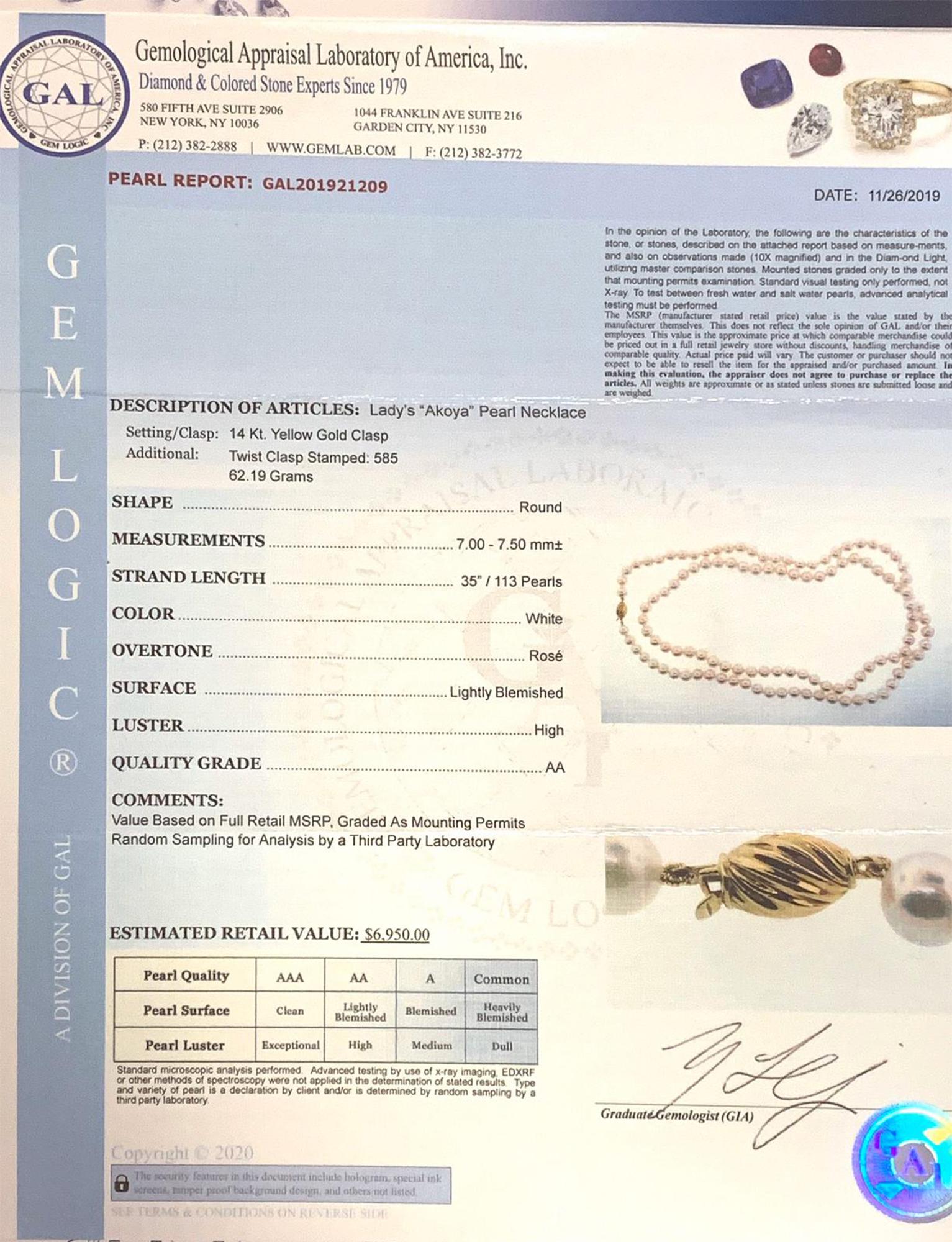Akoya Pearl Necklace 14 Karat Gold Certified 2