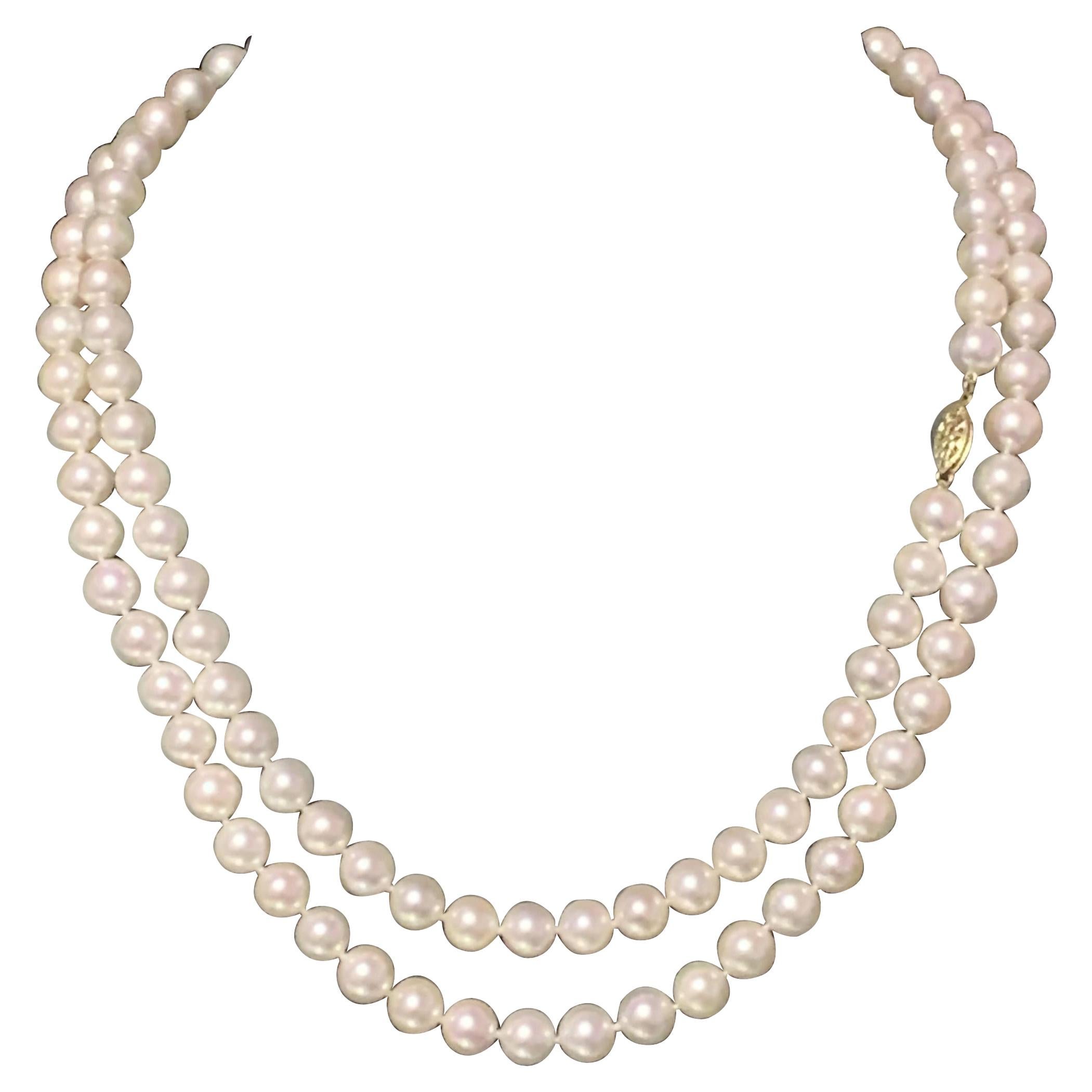 Akoya Pearl Necklace 14k Gold 34" 7.5 Mm Certified For Sale