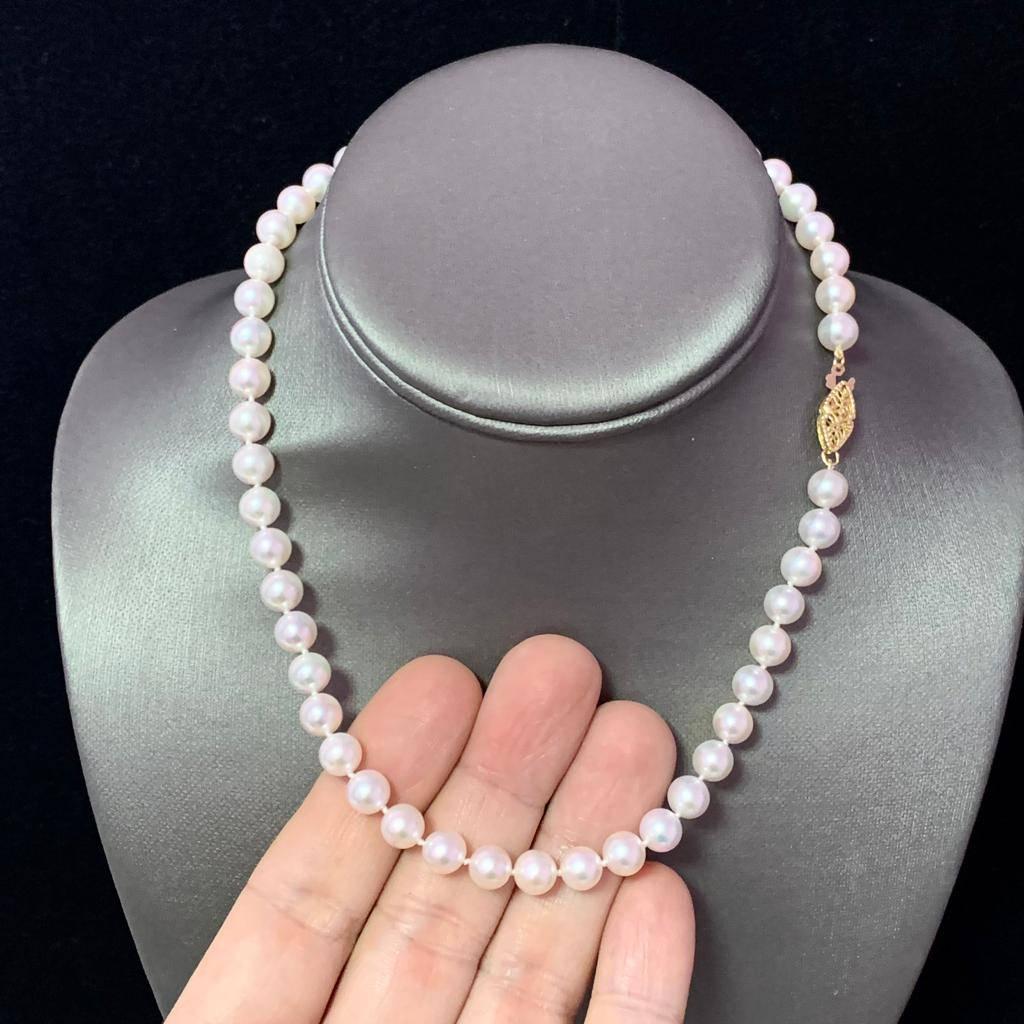Round Cut Akoya Pearl Necklace 14k White Gold Certified For Sale