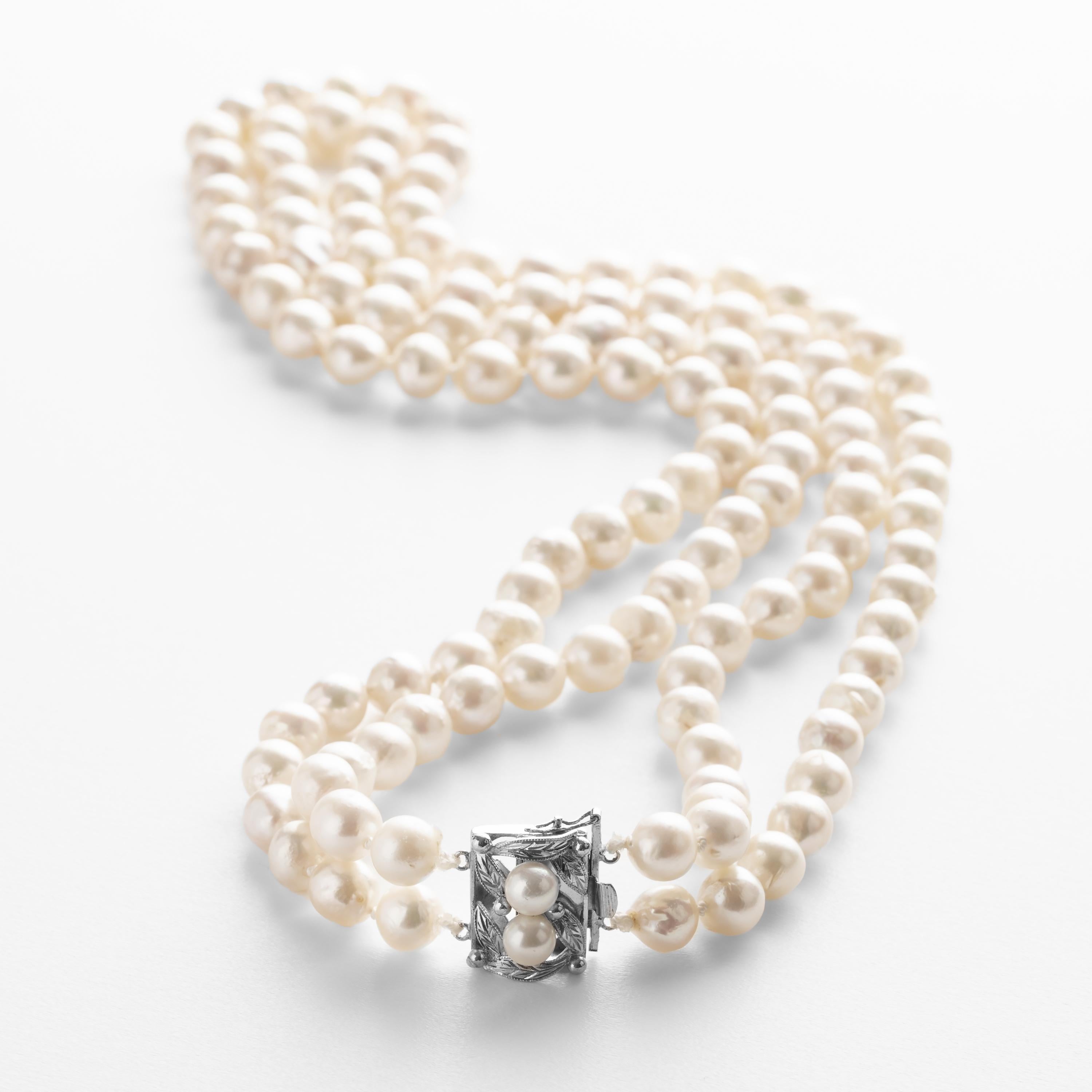 Akoya Pearl Necklace Double Strand, circa 1950s In Excellent Condition In Southbury, CT