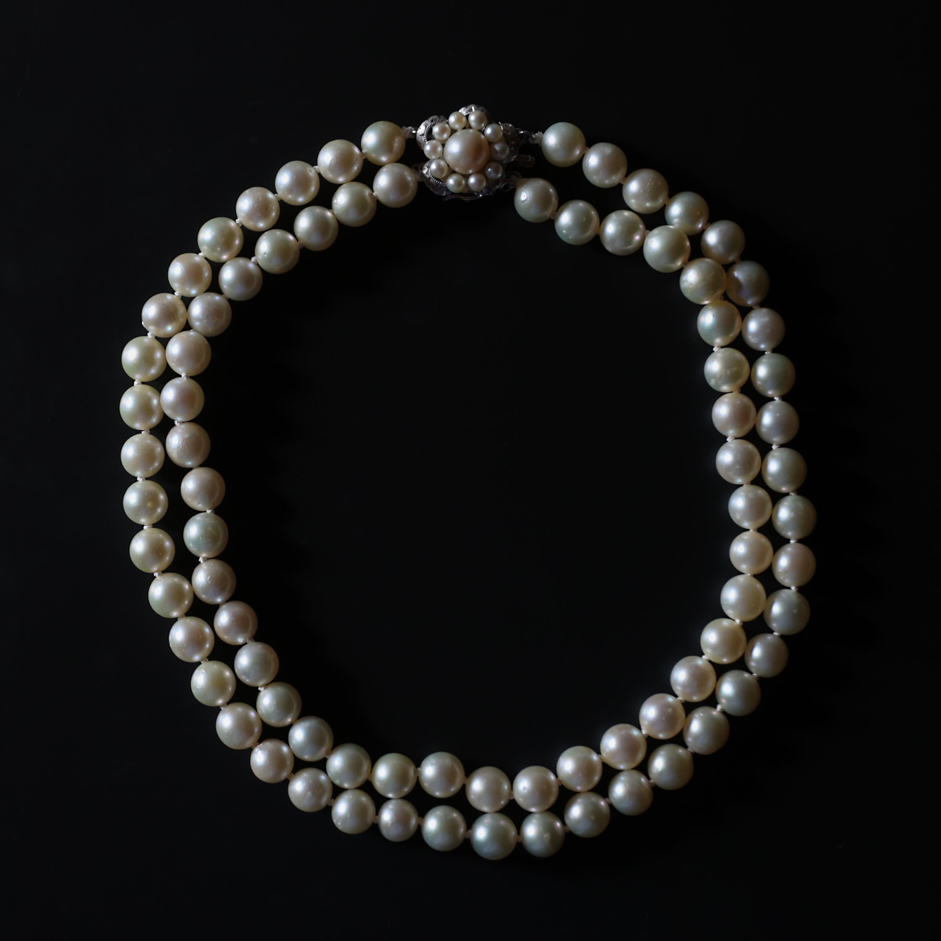 Retro Double Strand Akoya Pearl Necklace For Sale