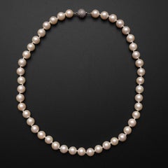 Akoya Pearl Necklace, Diamond Clasp, 9mm Luxury Size Pearls, circa 1980s, Iconic