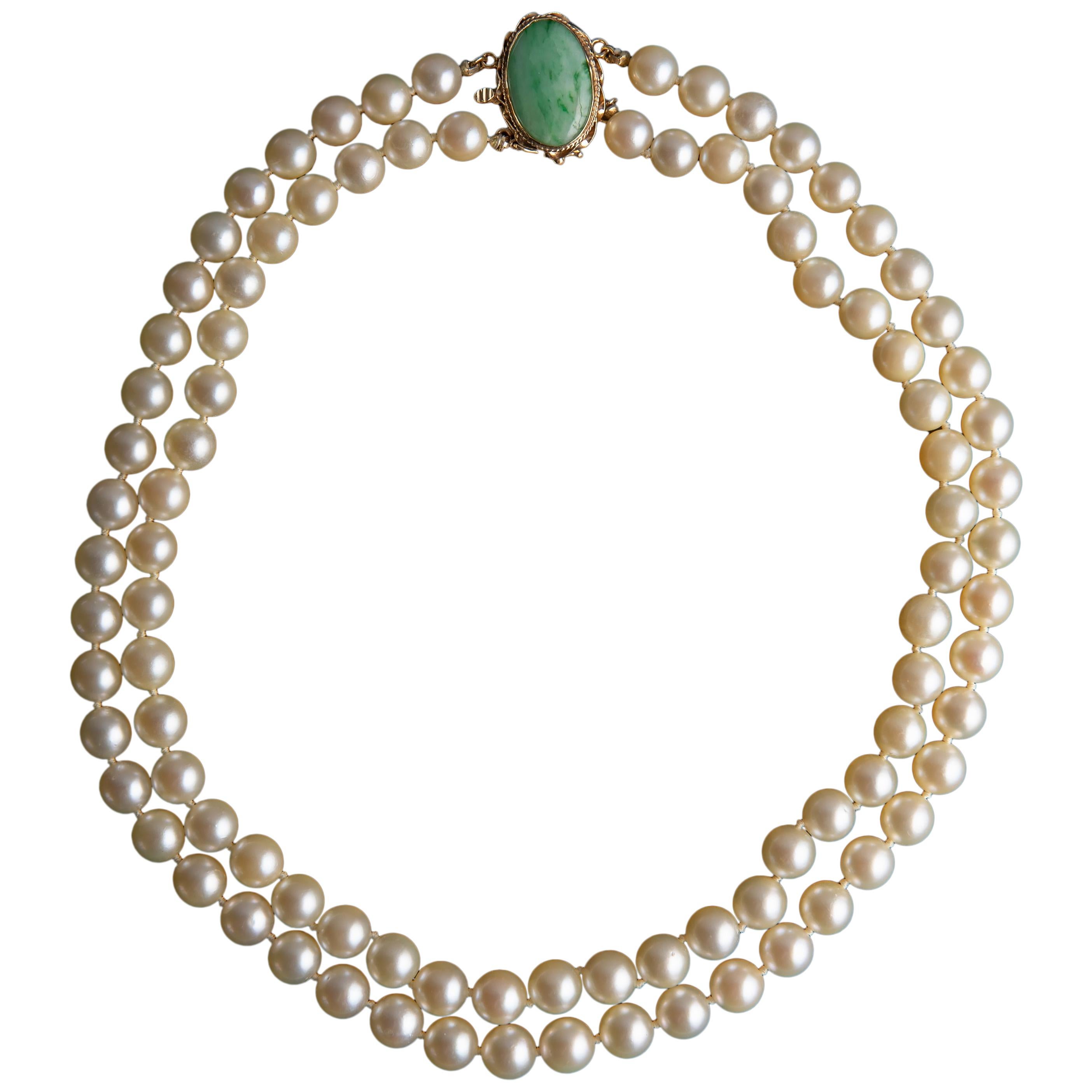 Double Strand Akoya Pearl Necklace with Burmese Jade Clasp Certified Untreated