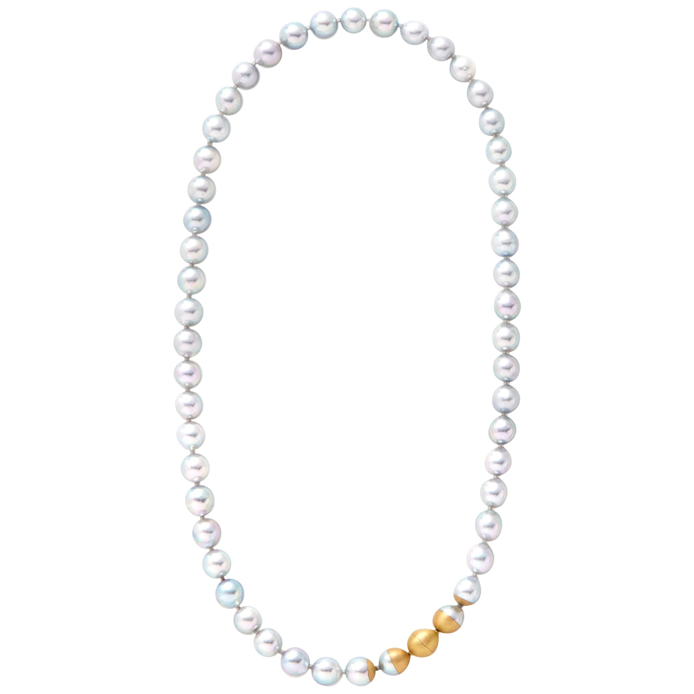 Akoya Pearl Necklace with an 18 Karat Yellow Gold Accent For Sale