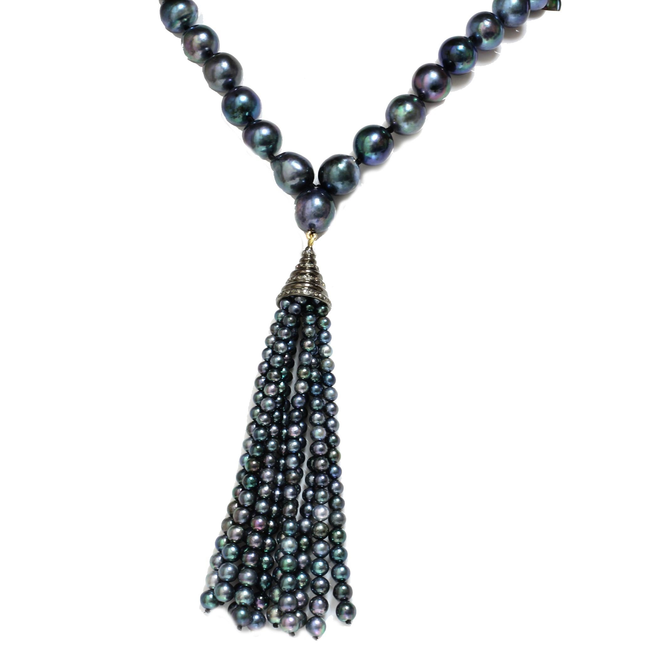 Women's or Men's Akoya Pearl Opera Necklace with Tassel 10 - 9 MM AAA- Peacock For Sale