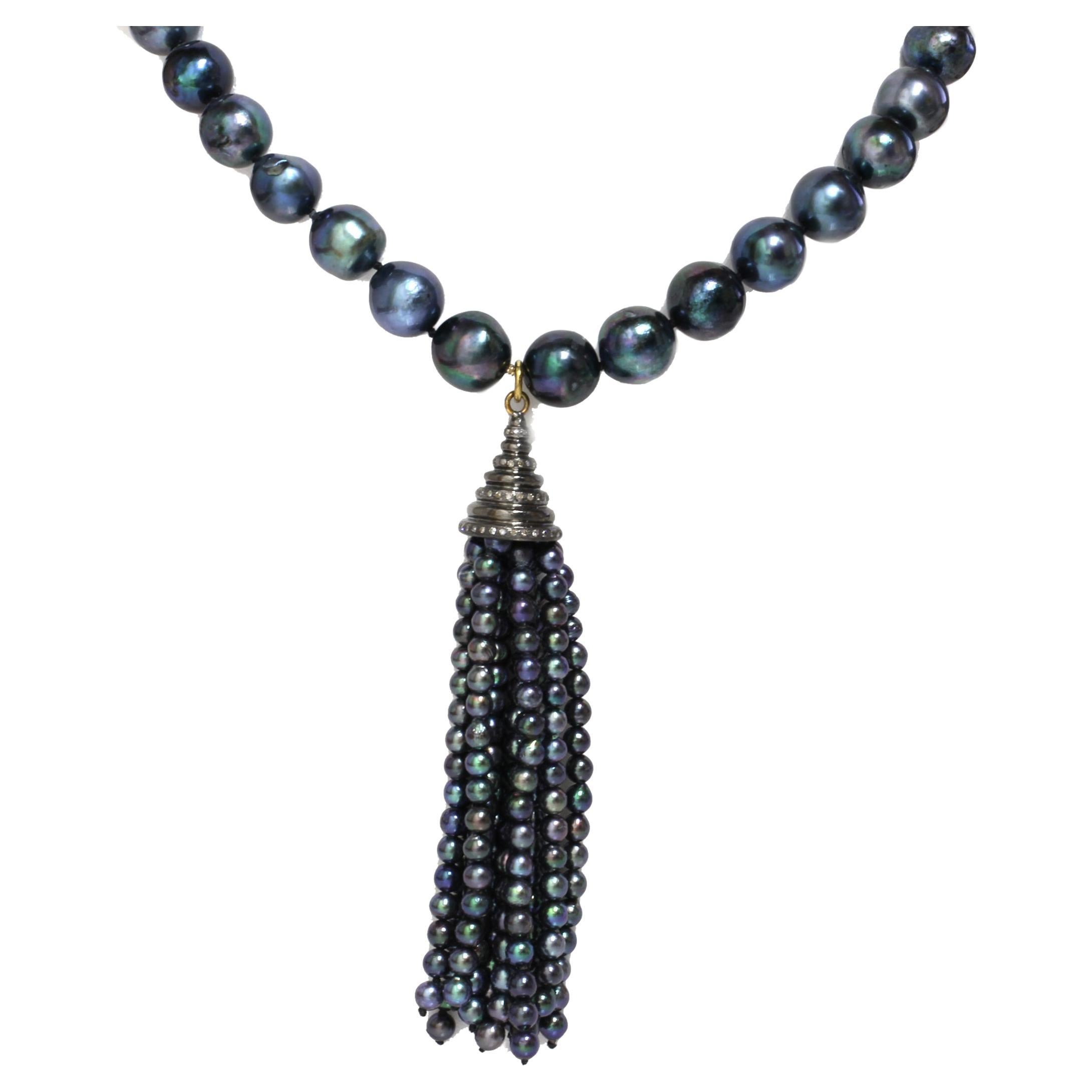 Akoya Pearl Opera Necklace with Tassel 10 - 9 MM AAA- Peacock For Sale