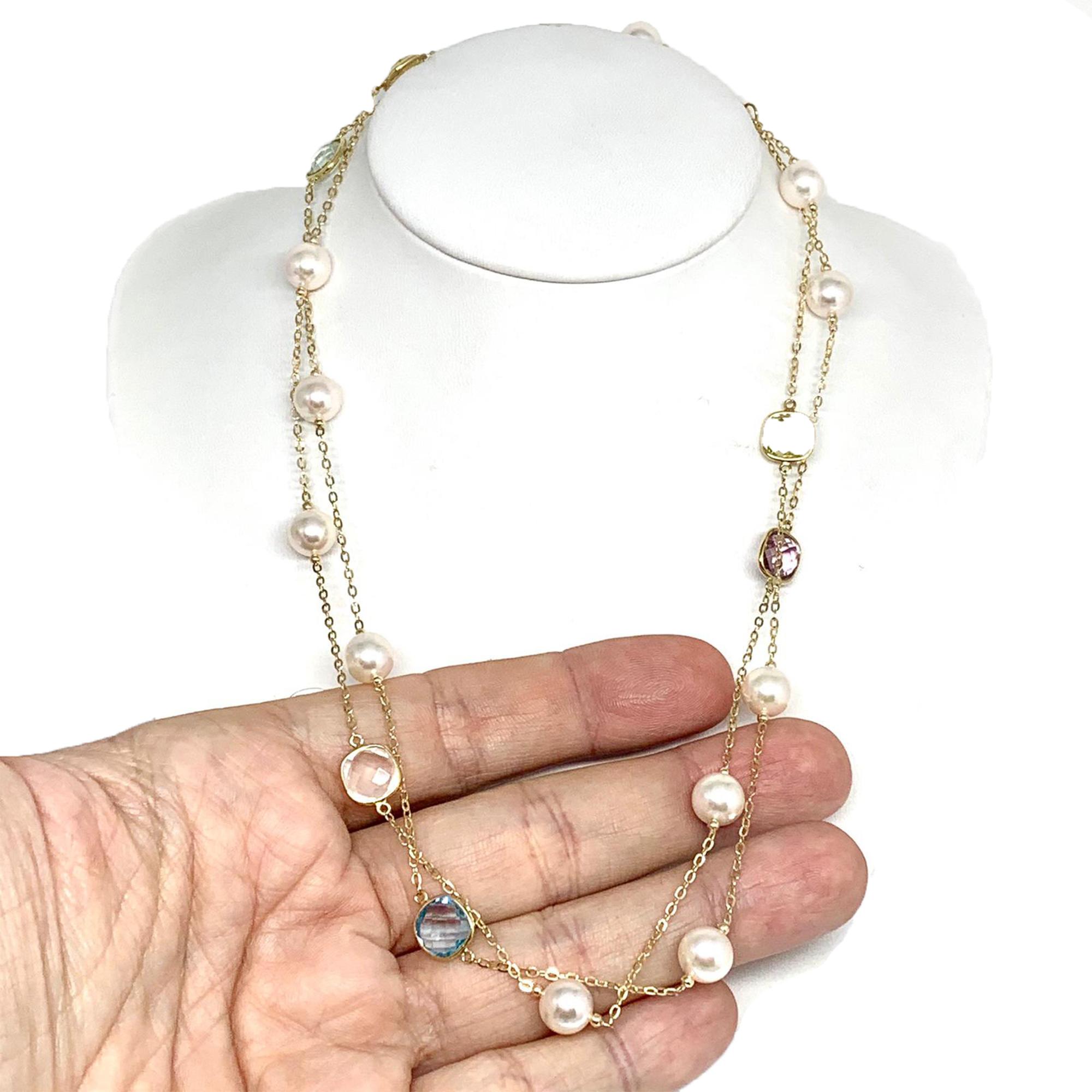 Round Cut Akoya Pearl Quartz Necklace 14k Gold Station Certified