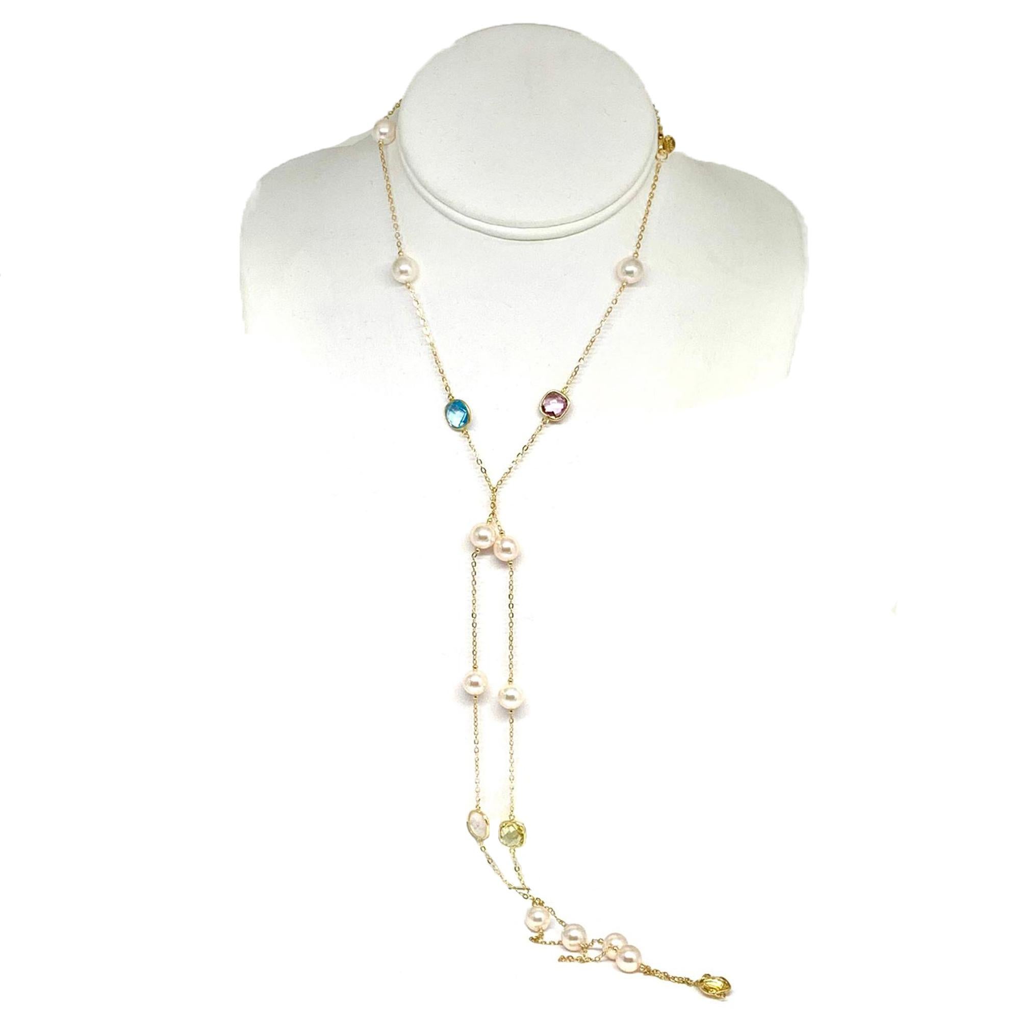 Akoya Pearl Quartz Necklace 14k Gold Station Certified In New Condition In Brooklyn, NY
