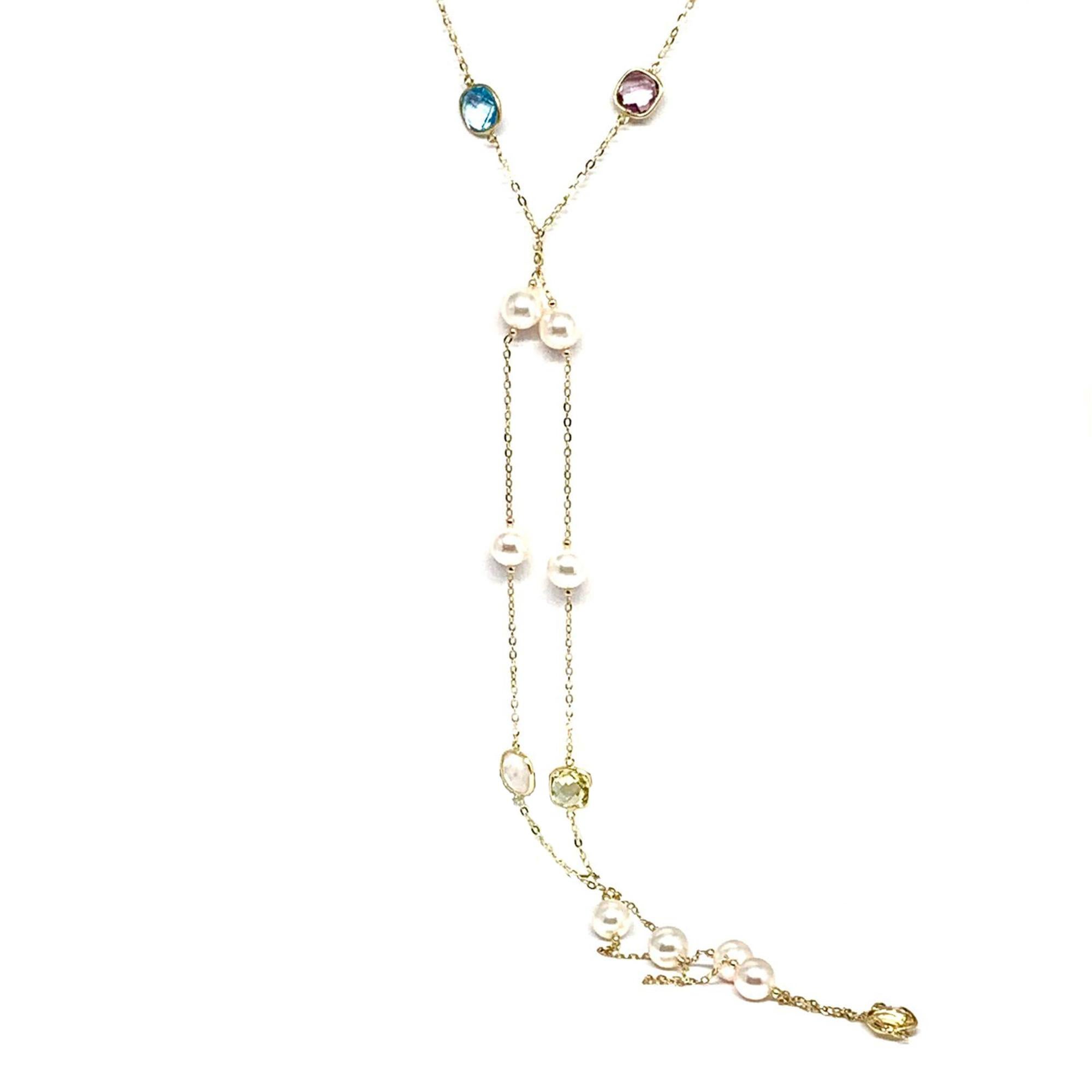 Women's Akoya Pearl Quartz Necklace 14k Gold Station Certified