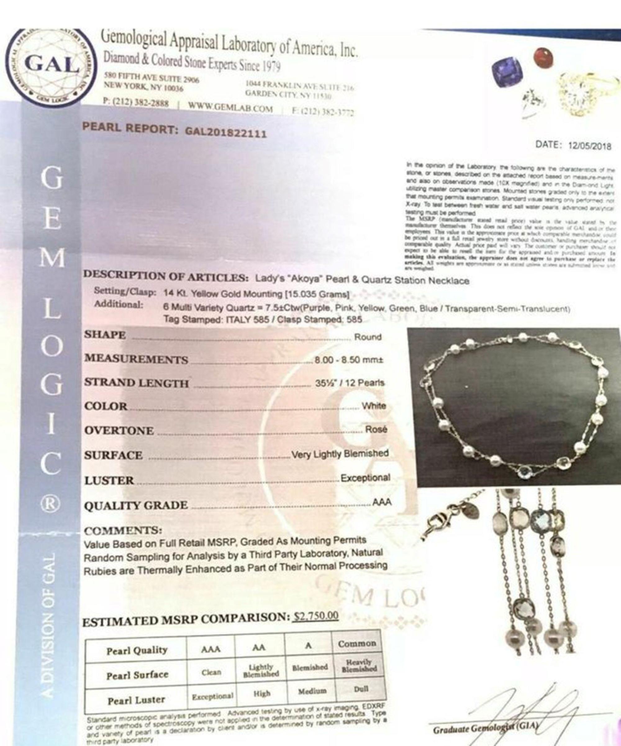 Akoya Pearl Quartz Necklace 14k Gold Station Certified 2