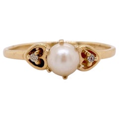 Akoya Pearl Ring, Diamond Pearl Ring, Heart Either Side w White Japanese Pearl