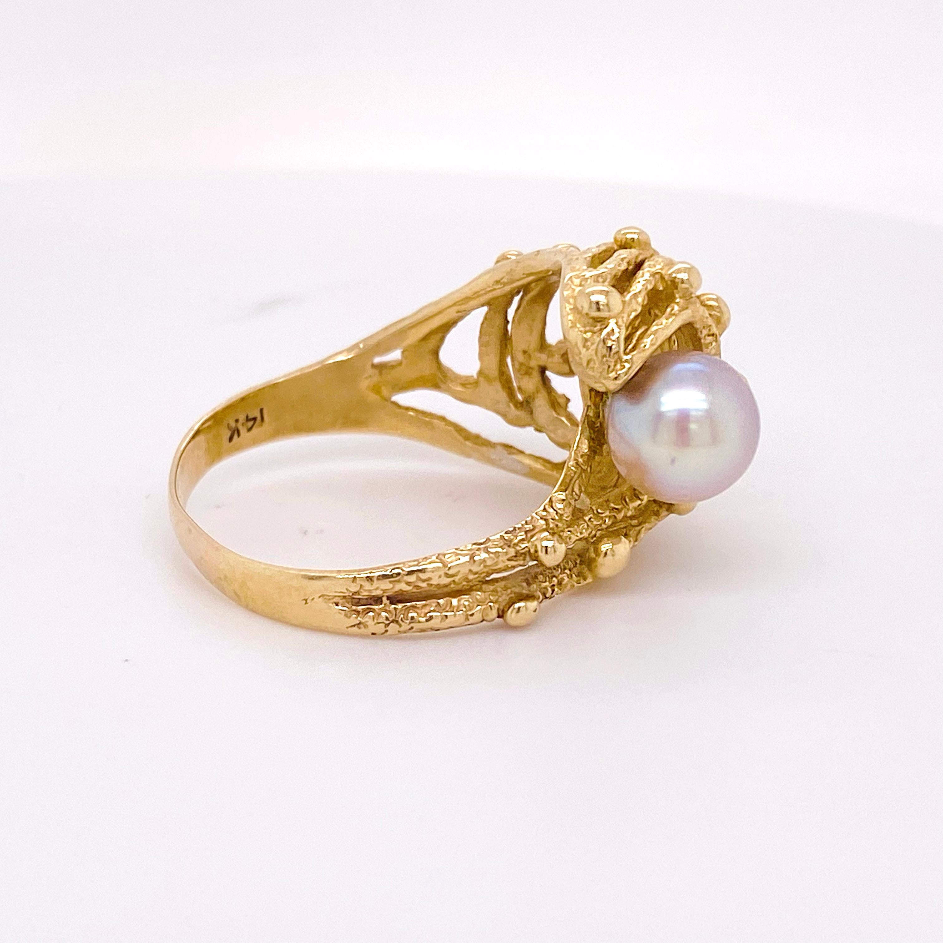Artisan Akoya Pearl Ring, Estate Cocktail Ring, Unique Nugget Ring, Yellow Gold For Sale