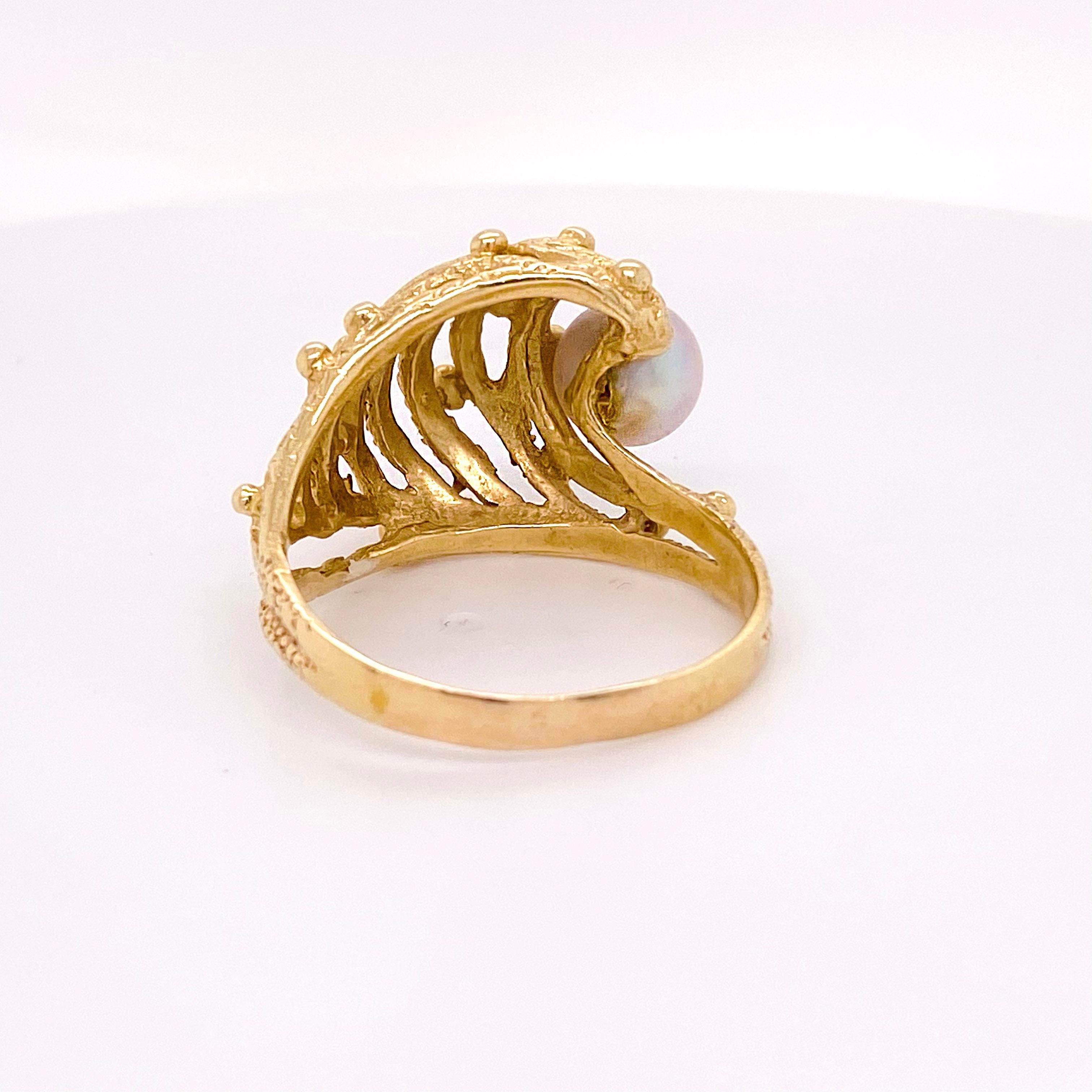 Round Cut Akoya Pearl Ring, Estate Cocktail Ring, Unique Nugget Ring, Yellow Gold For Sale