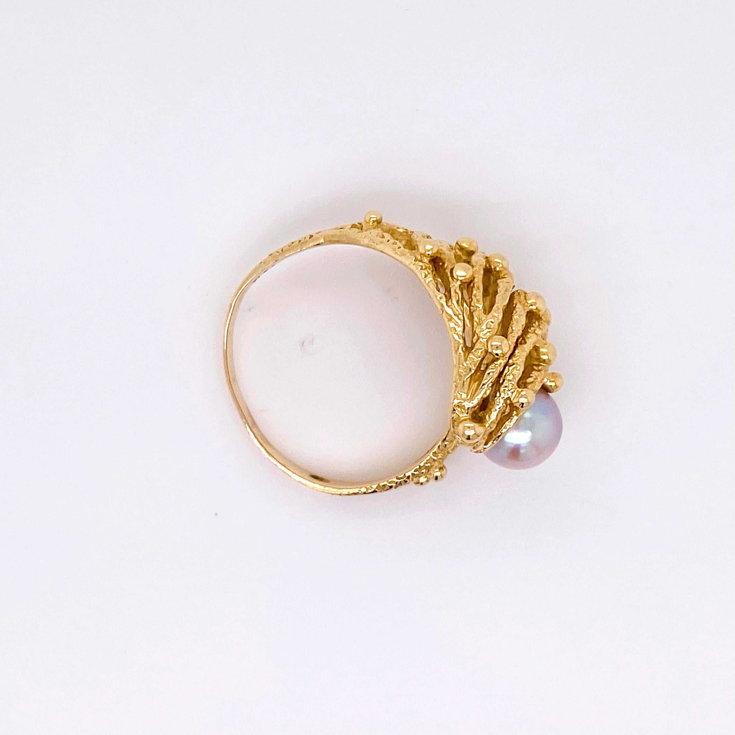 Women's Akoya Pearl Ring, Estate Cocktail Ring, Unique Nugget Ring, Yellow Gold For Sale