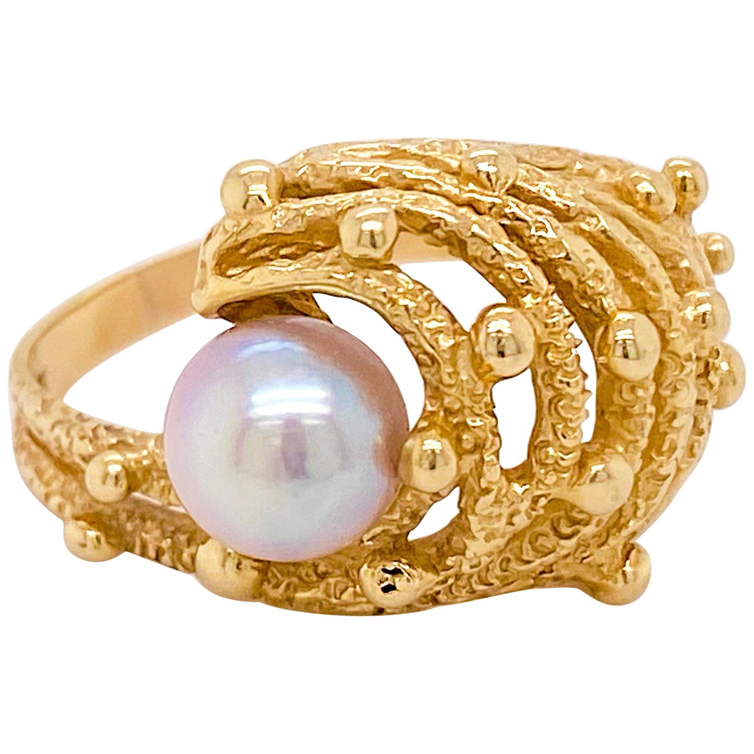 Akoya Pearl Ring, Estate Cocktail Ring, Unique Nugget Ring, Yellow Gold For Sale