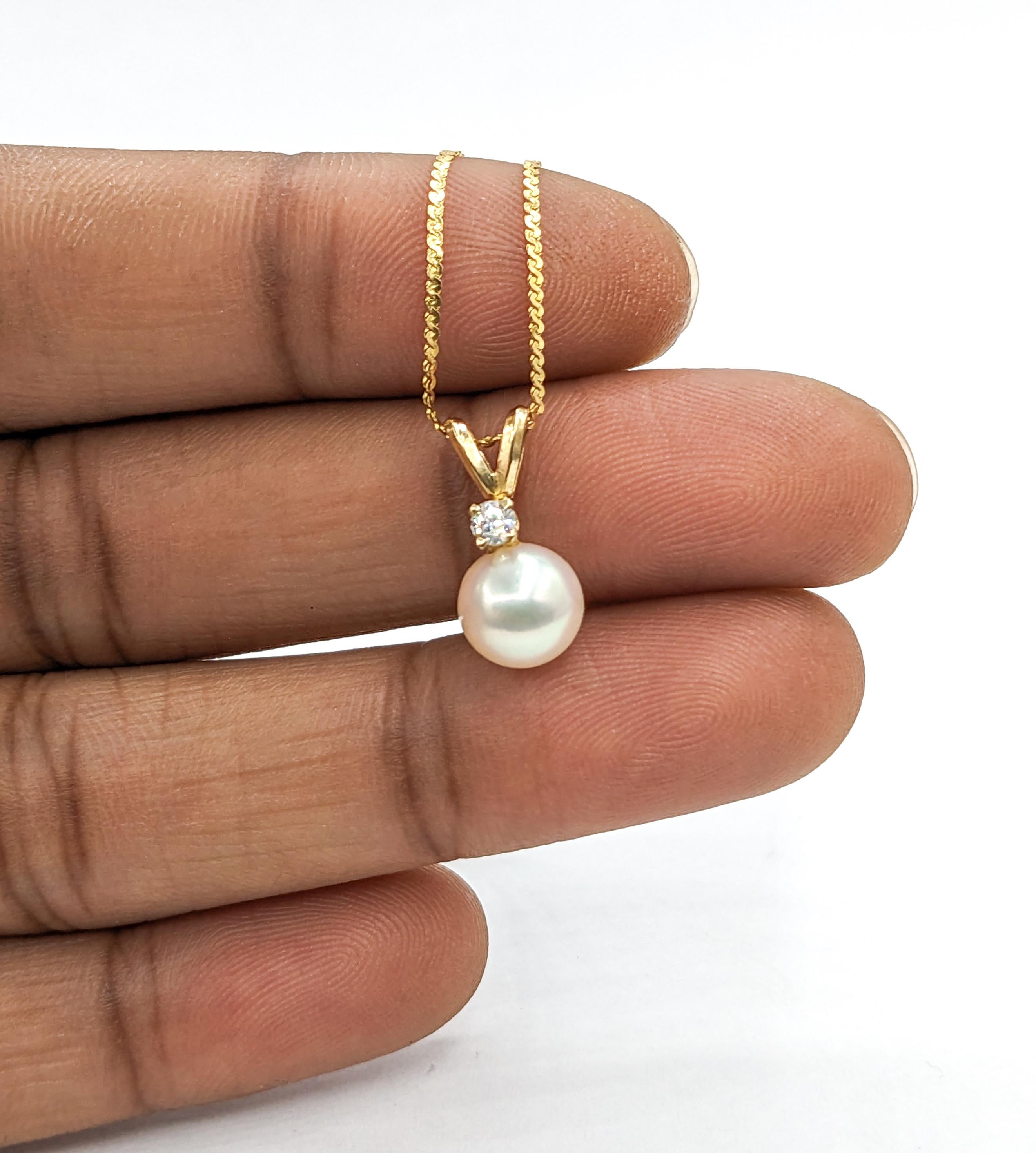 Contemporary Akoya Pearl & Round Diamond Necklace Yellow Gold