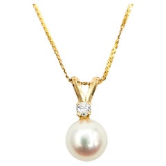 Akoya Perle & Runder Diamant Halskette Gelbgold