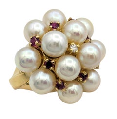 Akoya Pearl, Ruby & Diamond Cluster Cocktail Ring in 14 Karat Yellow Gold