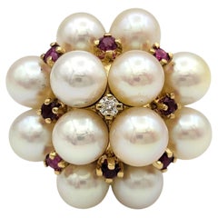 Akoya Pearl, Ruby & Diamond Cluster Cocktail Ring in 14 Karat Yellow Gold