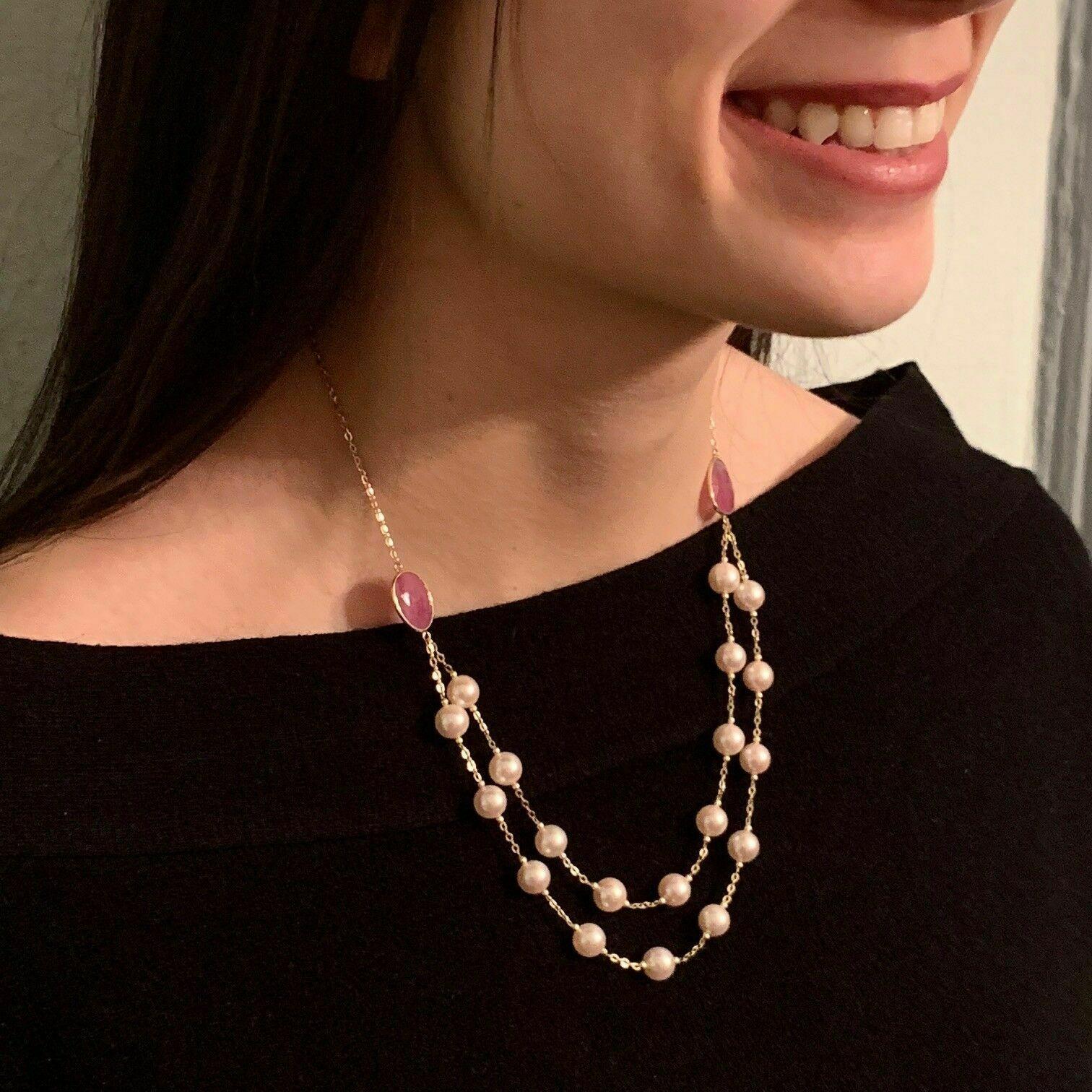 Modern Akoya Pearl Ruby Necklace 14k Gold Certified For Sale