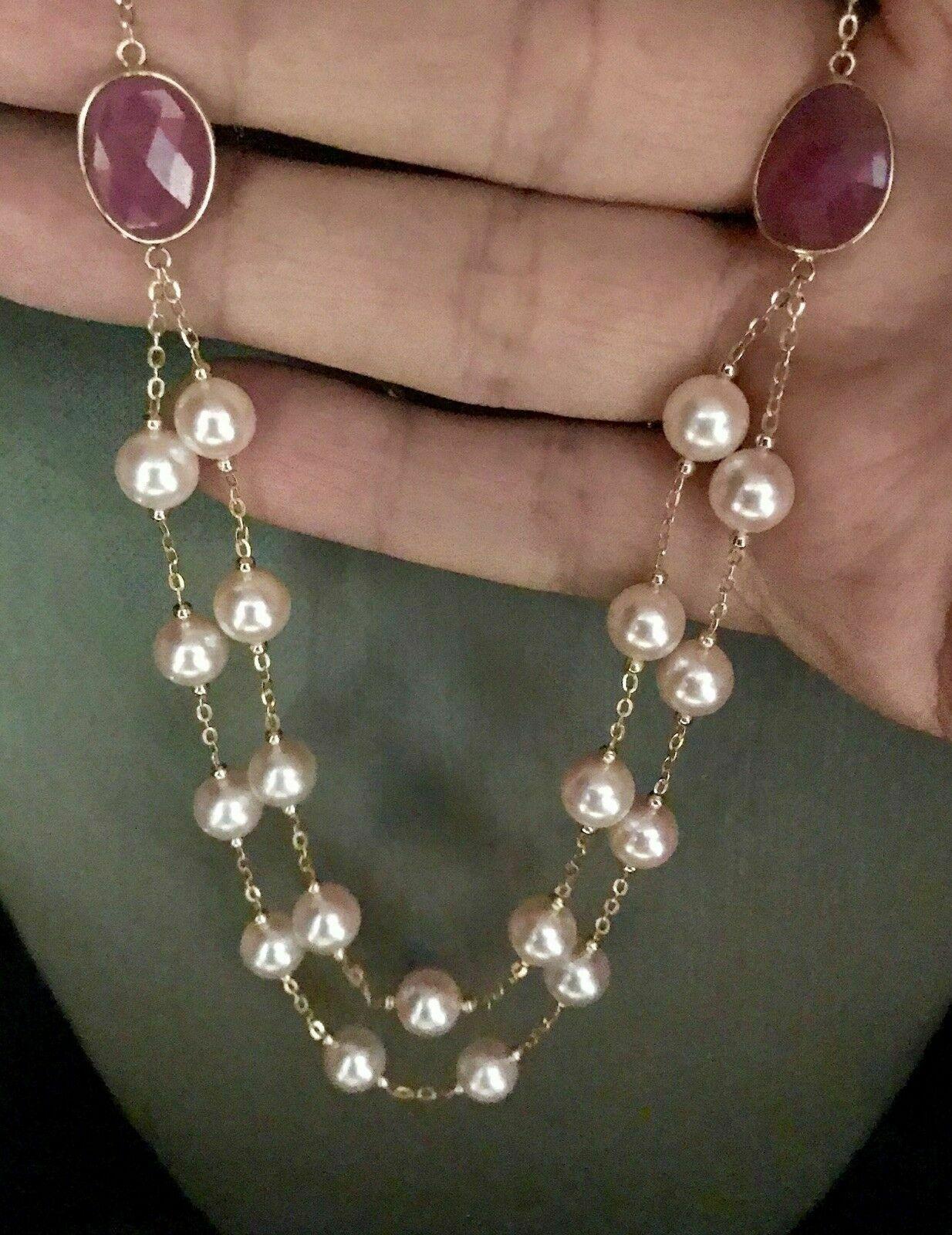 Akoya Pearl Ruby Necklace 14k Gold Certified In New Condition For Sale In Brooklyn, NY