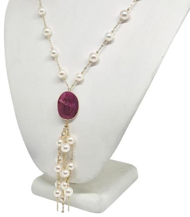 Round Cut Akoya Pearl Ruby Necklace 14k Gold Italy Certified For Sale