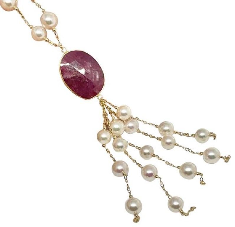 Akoya Pearl Ruby Necklace 14k Gold Italy Certified In New Condition For Sale In Brooklyn, NY