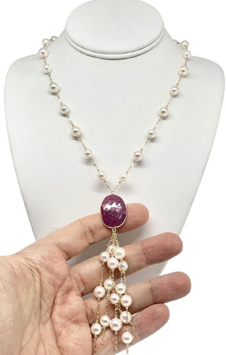Women's Akoya Pearl Ruby Necklace 14k Gold Italy Certified For Sale