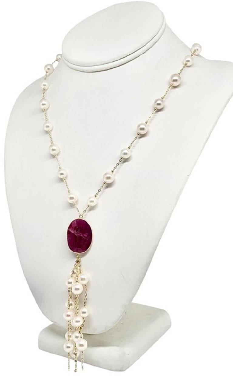 Akoya Pearl Ruby Necklace 14k Gold Italy Certified For Sale 1