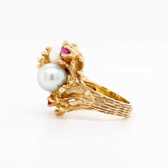 Akoya Pearl Ruby Ring, Coral Reef Style Ring, Yellow Gold Organic Ruby Ring