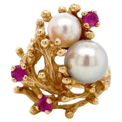 Akoya Pearl Ruby Ring, Coral Reef Style Ring, Yellow Gold Organic Ruby Ring