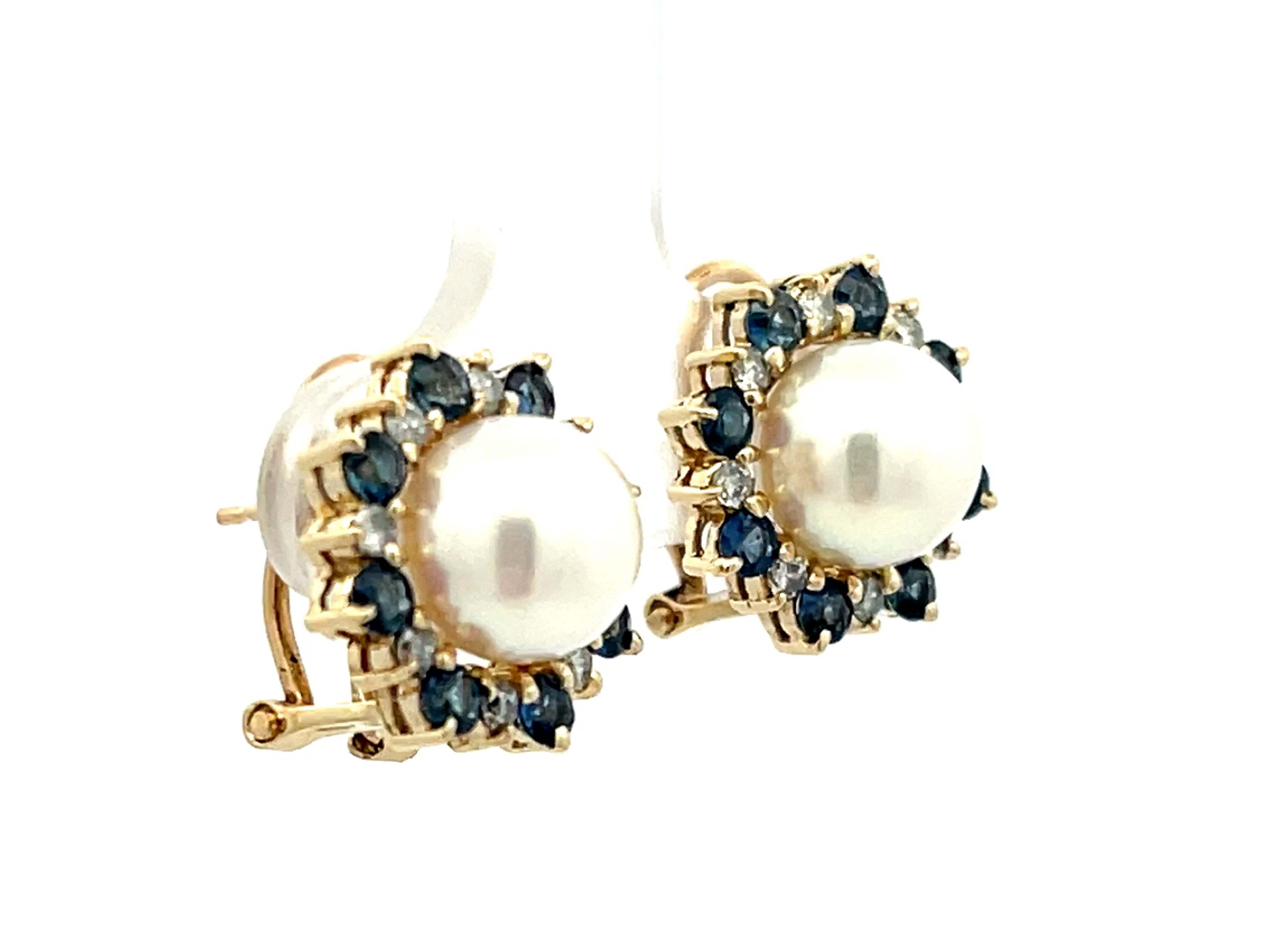Akoya-Perlen-Saphir- und Diamant-Halo-Ohrringe 14K Gelbgold (Moderne)