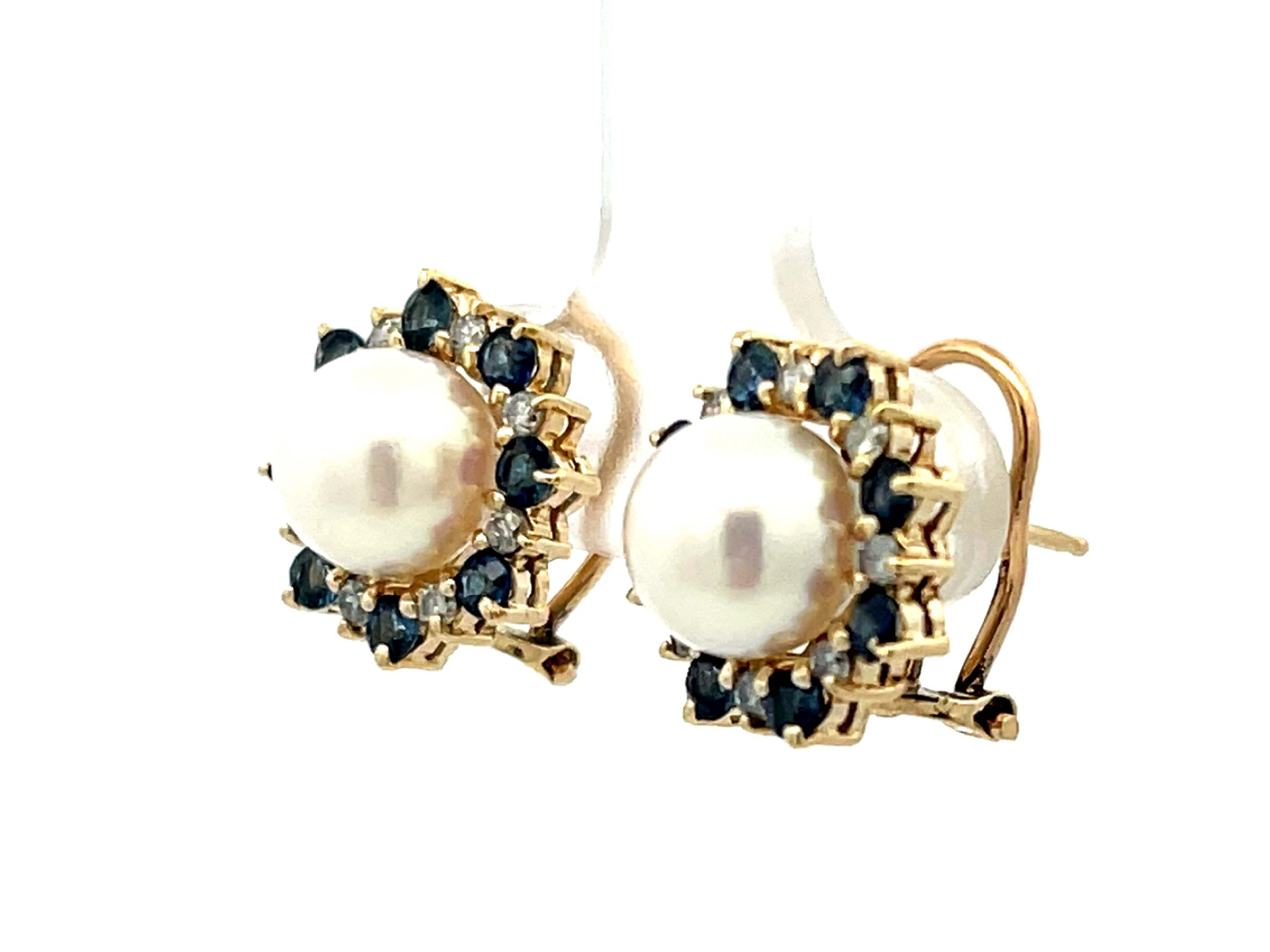 Akoya-Perlen-Saphir- und Diamant-Halo-Ohrringe 14K Gelbgold (Cabochon)