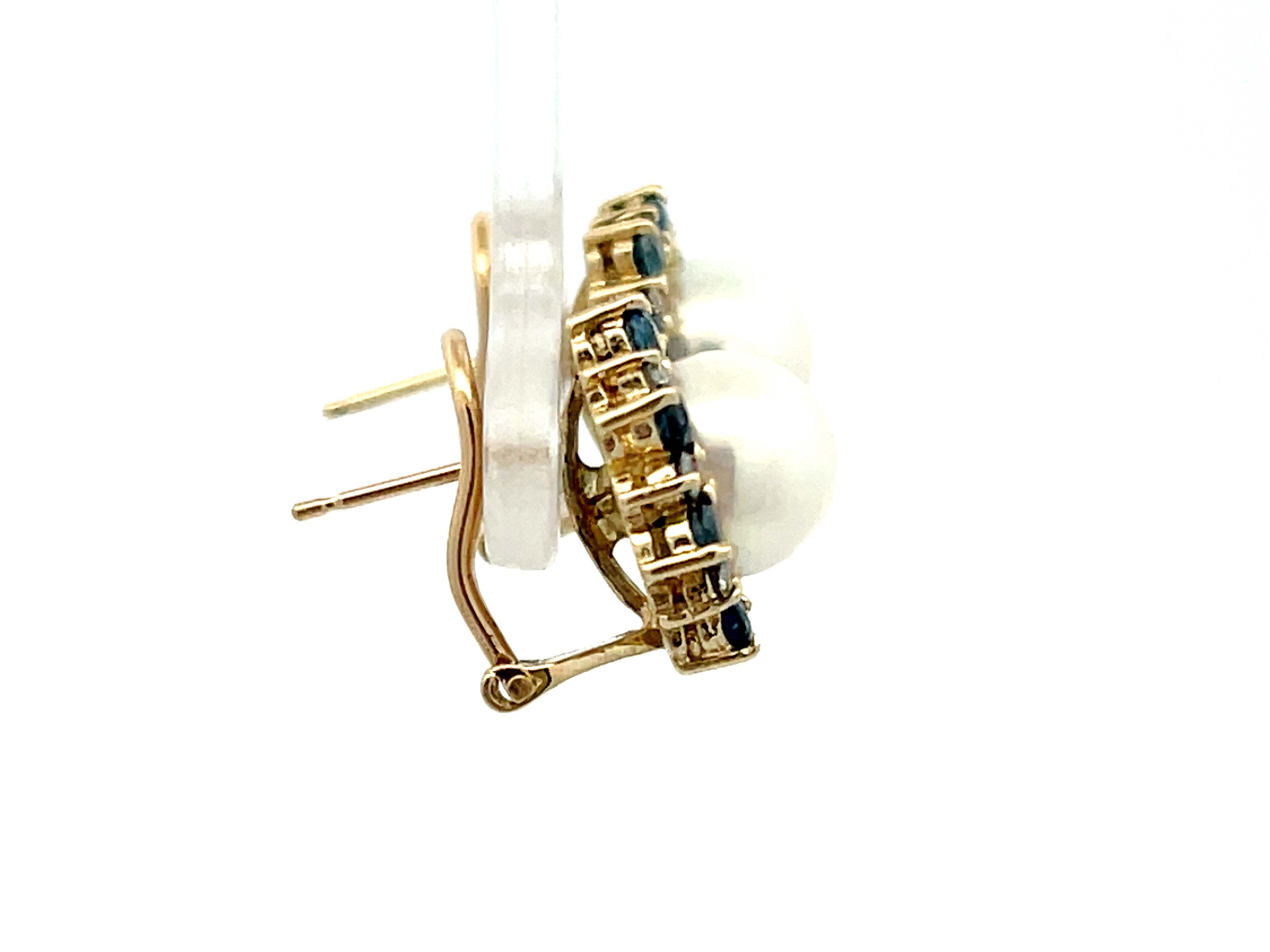 Akoya-Perlen-Saphir- und Diamant-Halo-Ohrringe 14K Gelbgold Damen