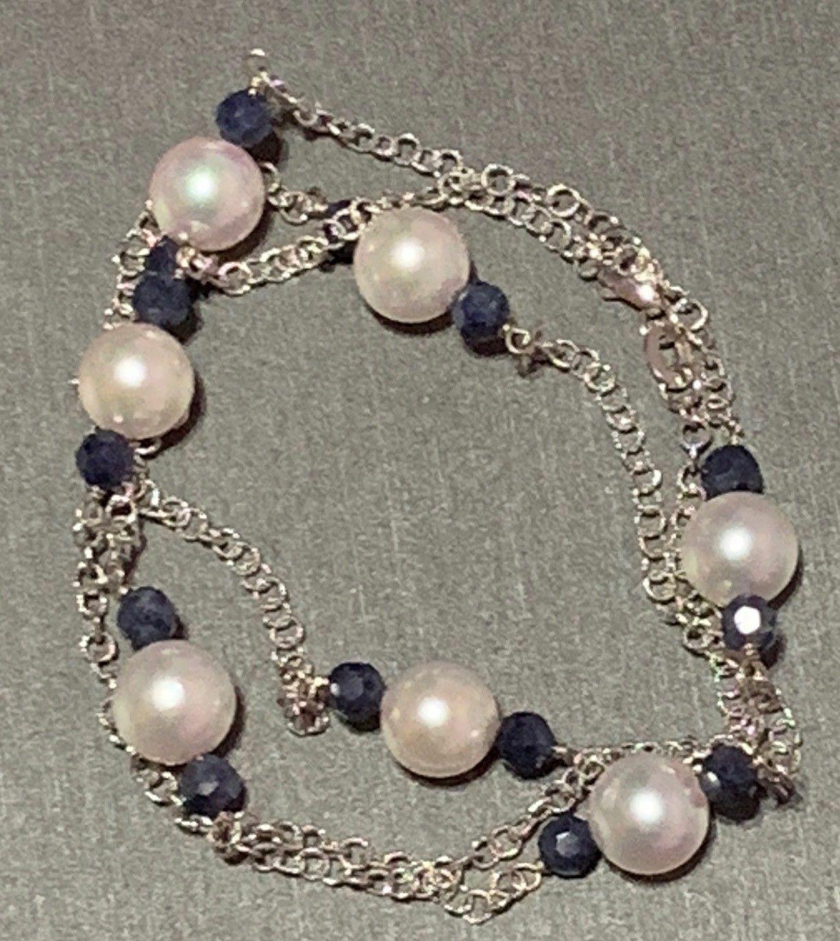 Fine Quality Fine Akoya Pearl Sapphire Necklace 14K 8.5 Mm 21.5