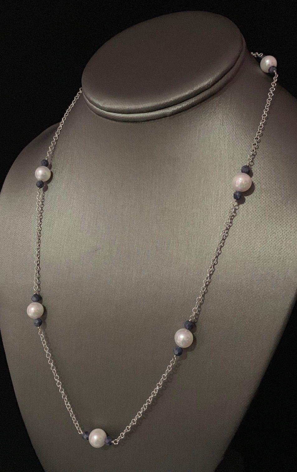 Akoya Pearl Sapphire Necklace 14 Karat Gold Certified In New Condition For Sale In Brooklyn, NY