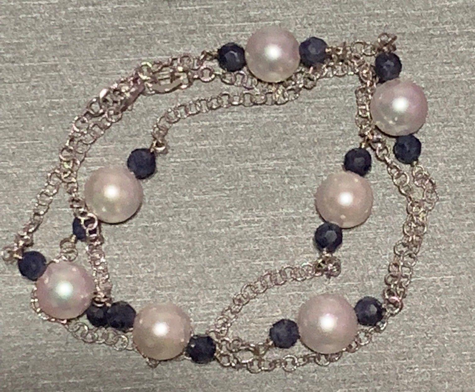 Akoya-Perlen-Saphir-Halskette 14 Karat Gold zertifiziert Damen im Angebot